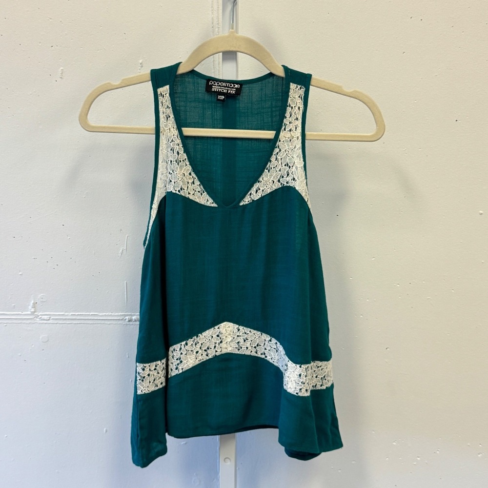 Papermoon Stitch Fix Teal Green Lace Crochet V-Neck Tank Top XSP PBE4286-SF Boho